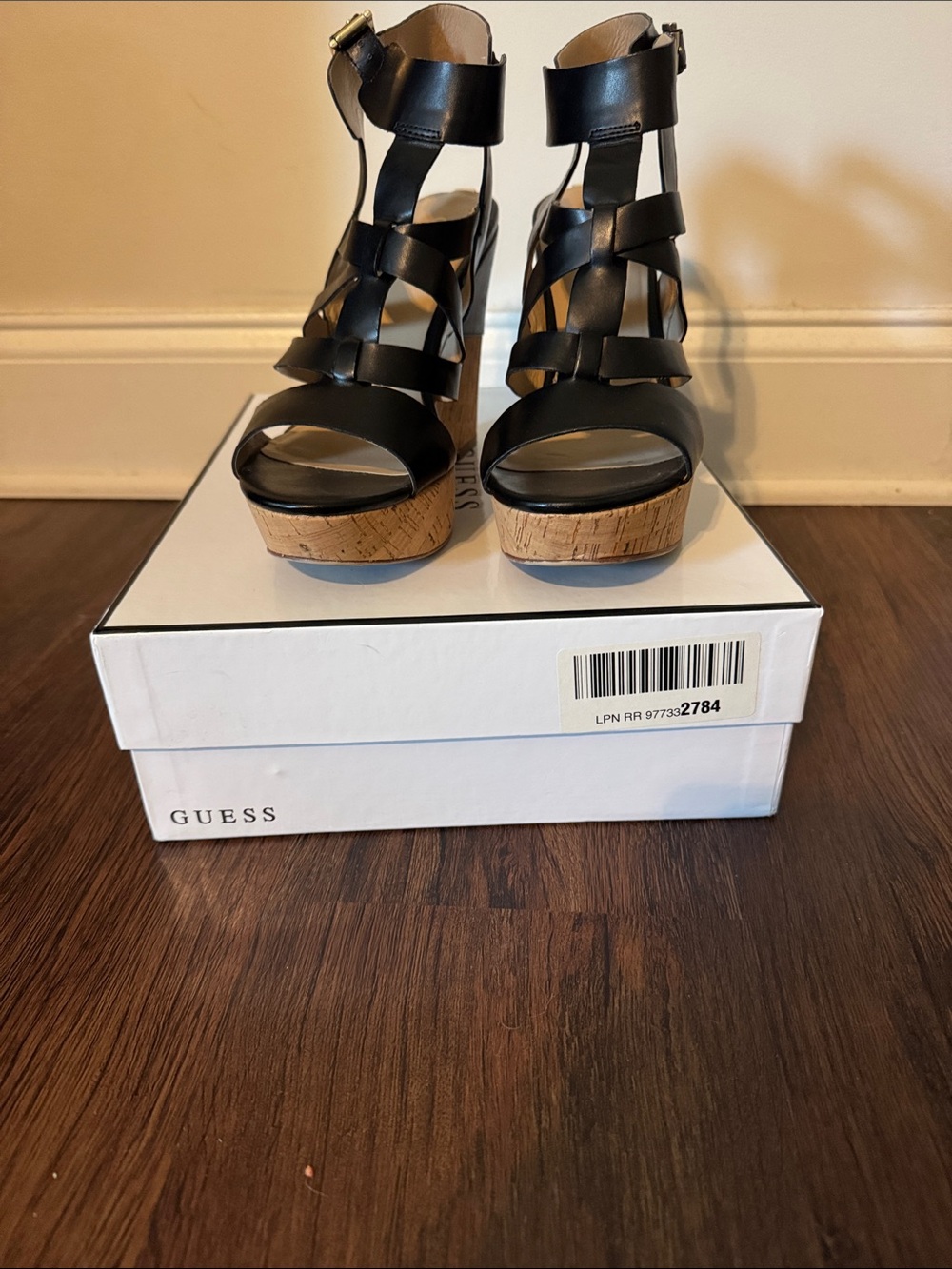 GUESS Black Strappy Cork Platform Wedge Sandals